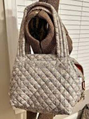 MZ Wallace Sutton tote with shoulder strap-beige cream and brown/ woven jute